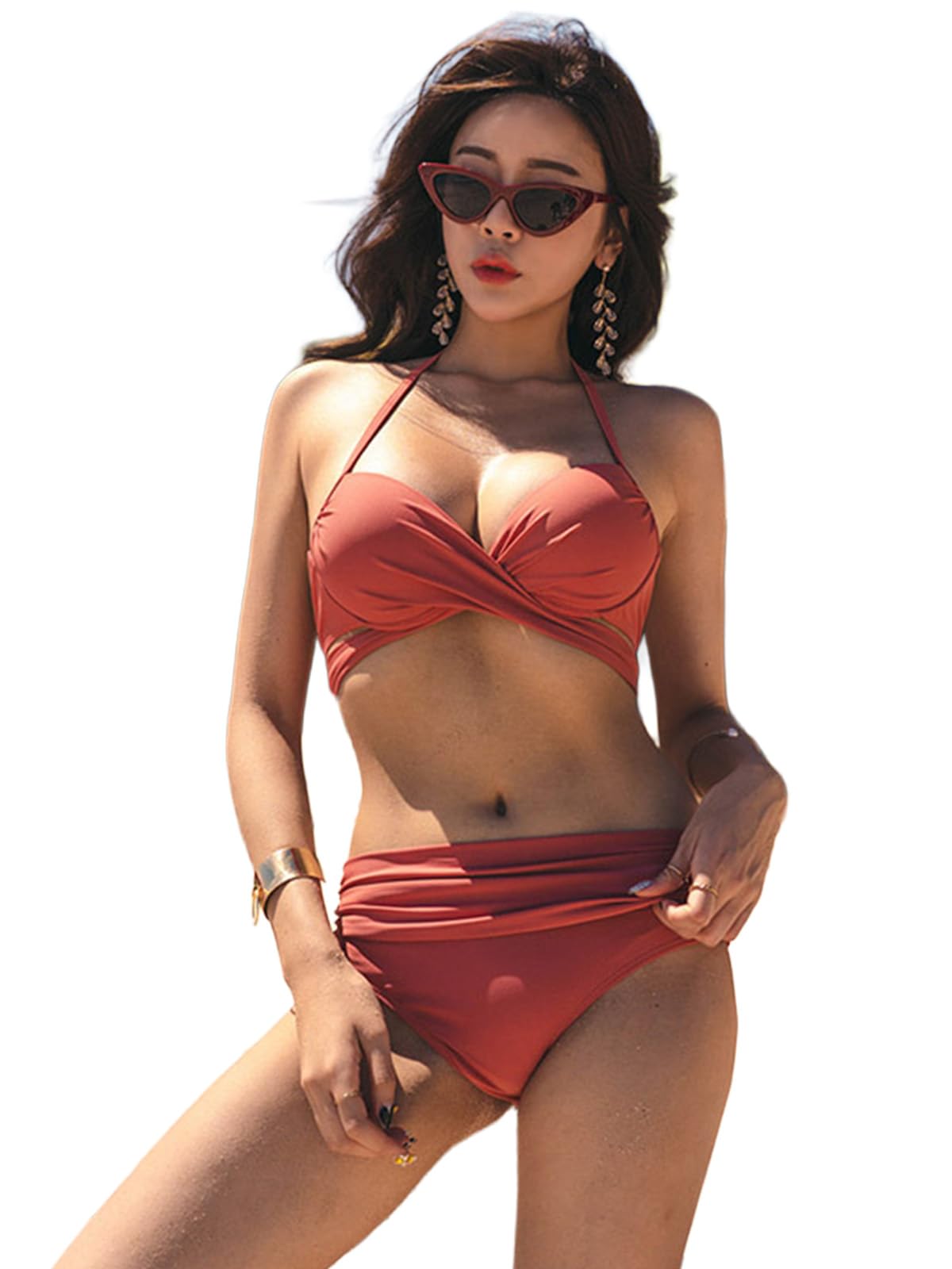 [SORAmood] Women s Bikini, Terracotta, Cross Ribbon, Halter Neck, Figure-Flattering, Korean Style, Gathered Bottoms (L, Terracotta)