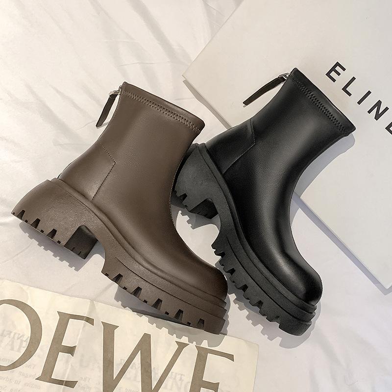 New spot leather black platform Martin boots women's 2025 thin boots high heel short boots small ankle boots increase