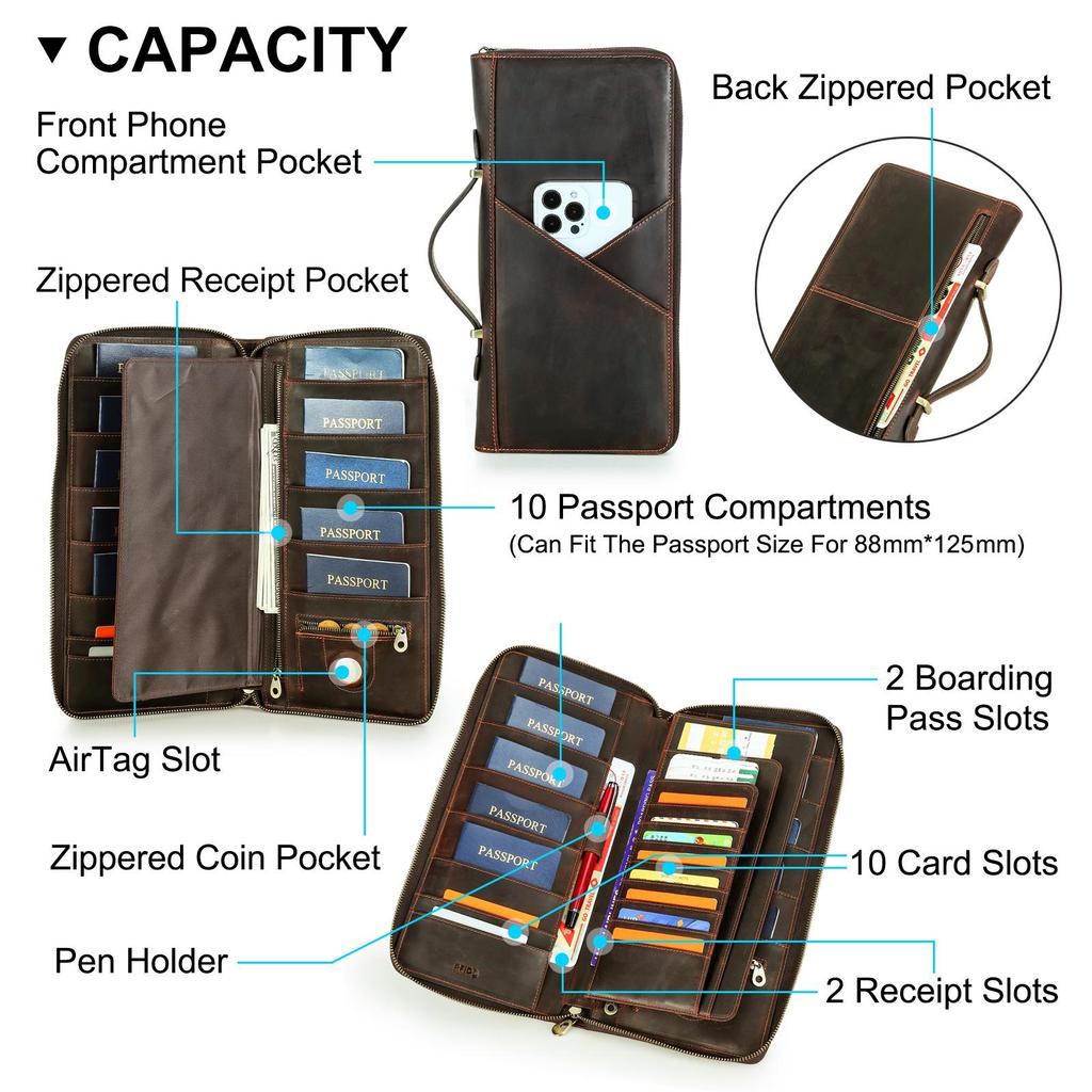 CONTACT'S Genuine Leather Men Handbag Passport Cover Card Holder Pen Slot Family Travel Passport Clutch Bag