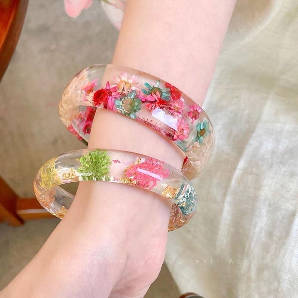 Resin Acrylic Bangle Wide Big Cuff Bangle Temperament Natural Dried Flower Bracelet  Decoration