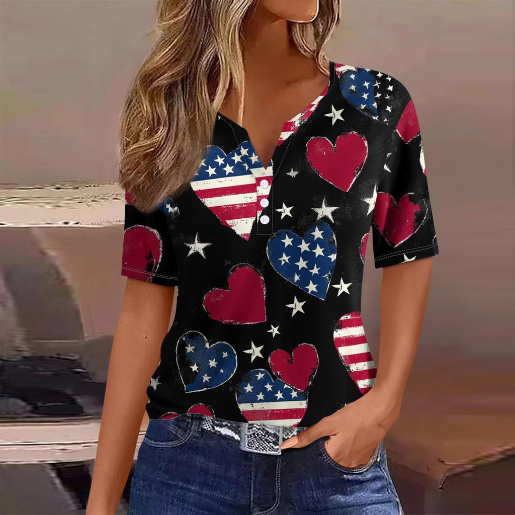 Dámské tričko Tričko Potisk knoflíku Krátký rukáv Denní víkend Móda Basic Top s výstřihem do V