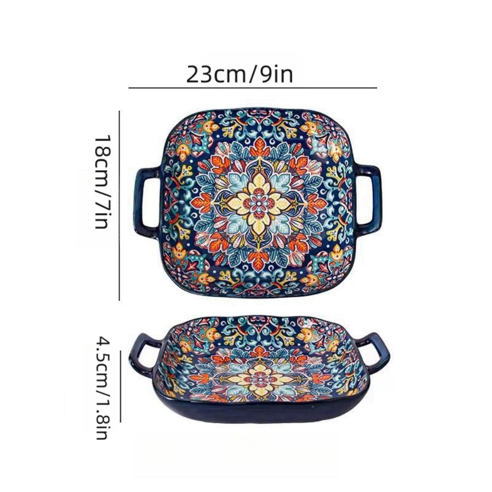 1 Piece of 9-inch Bohemian Style Salad Plate with Double Ear Ceramic Pasta Dish, Can Be Used for Oven, Microwave