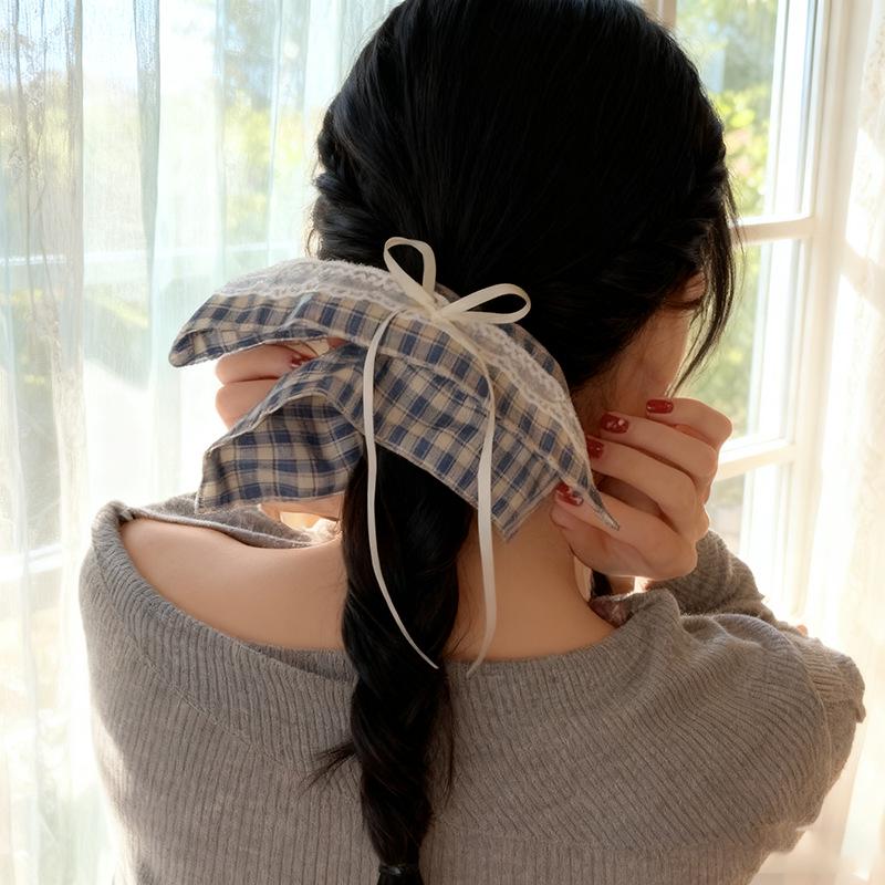 Lace Plaid Bow Scarf Hair Tie for Low Bun Ponytails