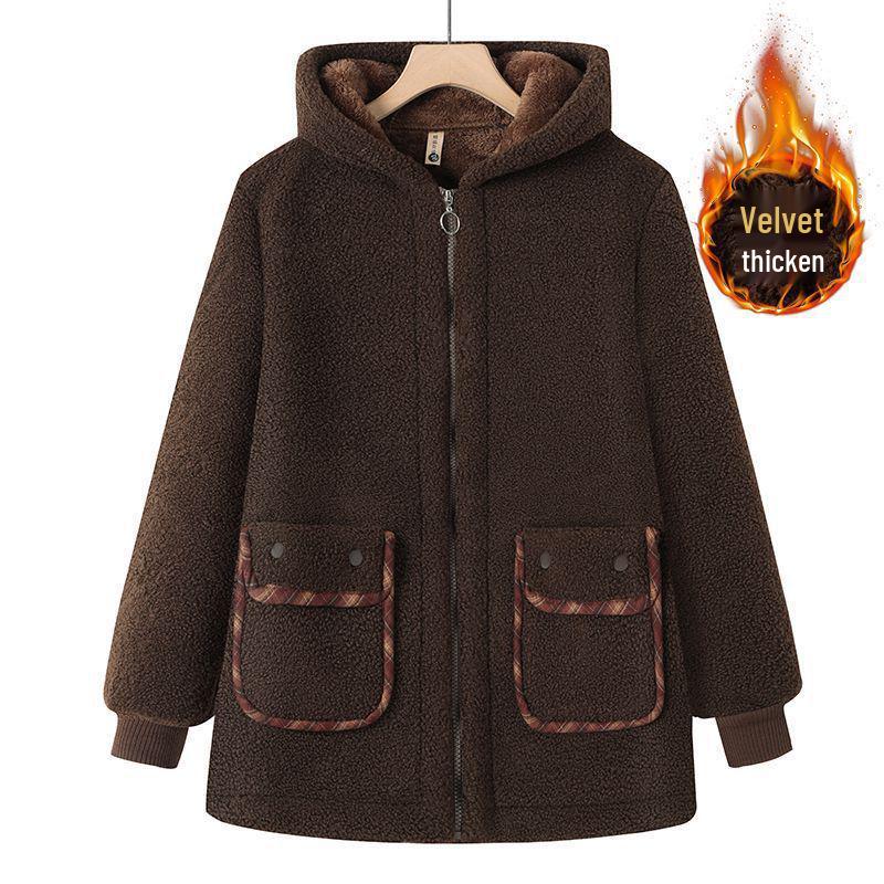 Mom's Plus Size Lambswool Hooded Jacket - Velvet Thickened Winter Coat for Middle-Aged & Elderly Women