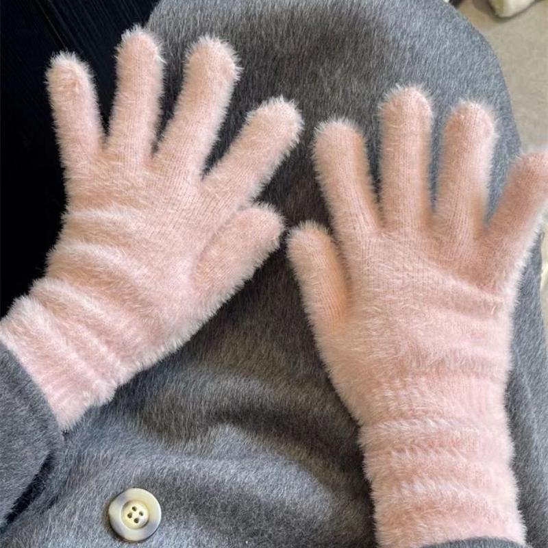 Imitation Mink Fur Knitted Gloves Winter Warm Thick Velvet Five Finger Gloves Women Outdoors Cycling Solid Color Mittens