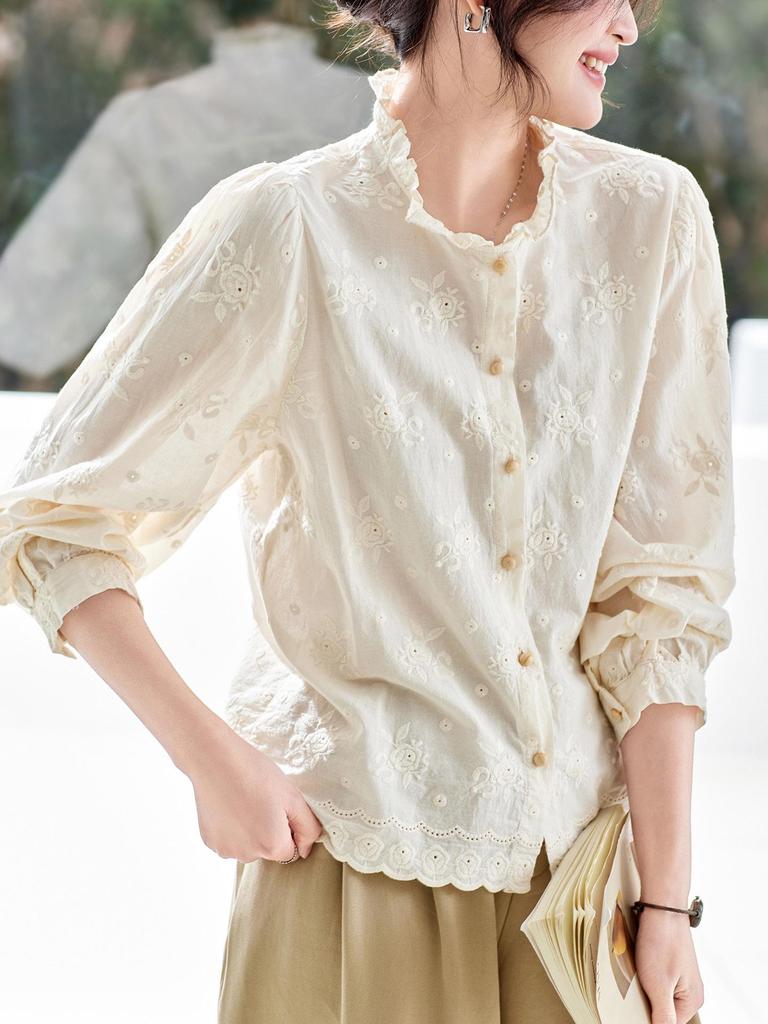 Women's Elegant Apricot Embroidered Cotton Long Sleeve Shirt with Wood Ear Collar - 2026 Spring Collection