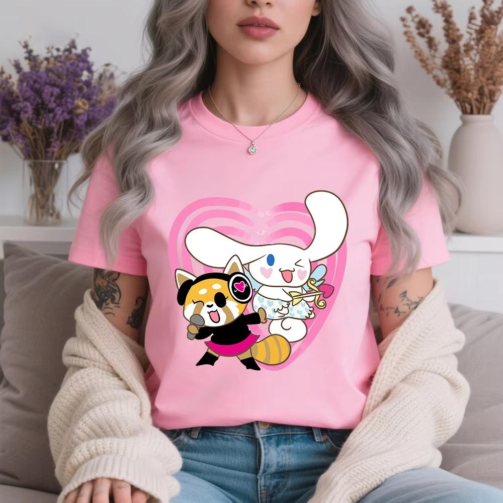 

2026 Summer Cinnamoroll Aggretsuko Sweet Party Print Casual Cotton T Shirt for Women Soft Comfortable Daily Wear Top S
