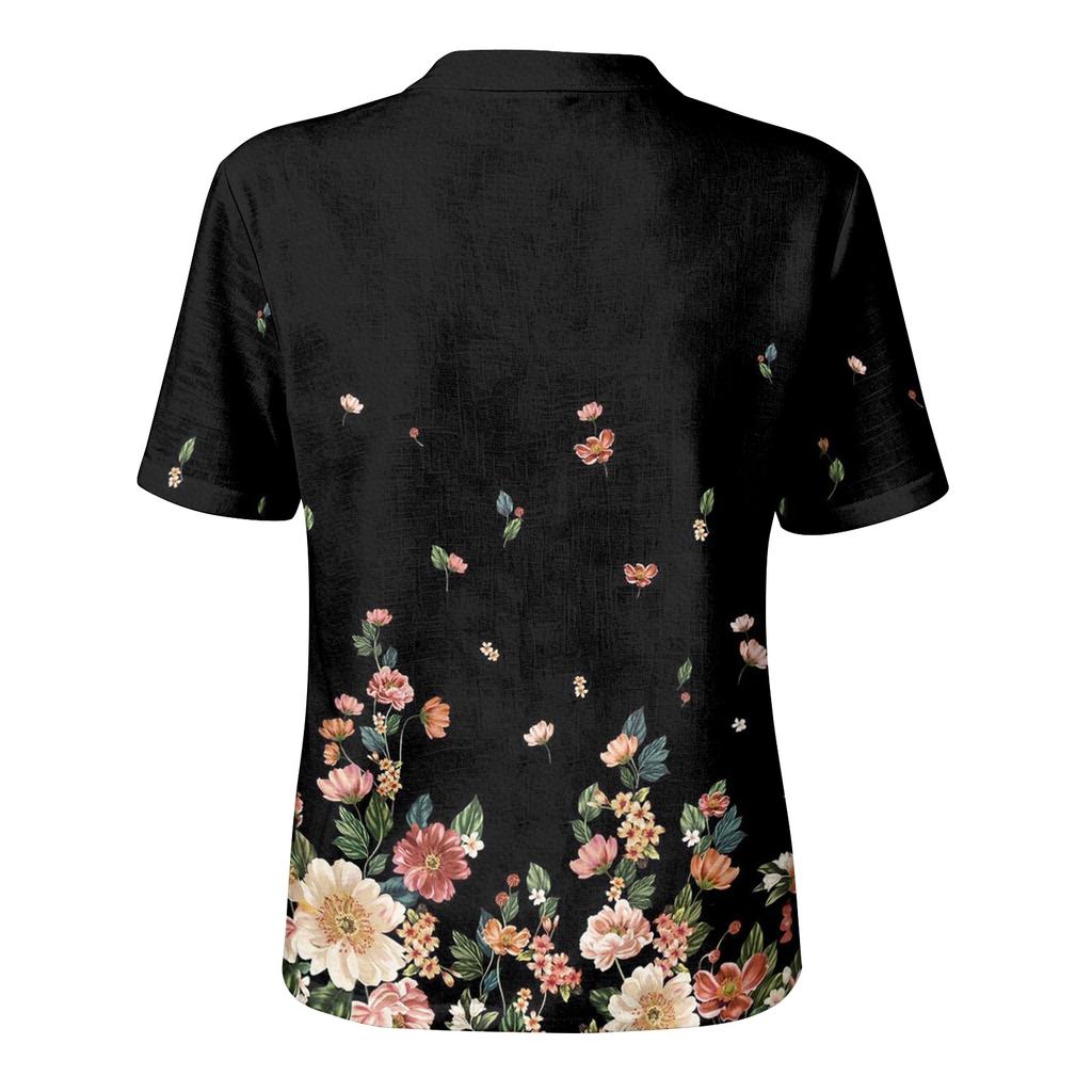 Women Short Sleeve Henley Neck Button Shirt Floral Print Linen Cotton Blend Casual Blouse Lightweight Summer Top