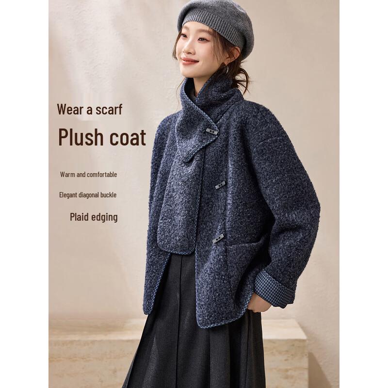 Women s Plaid Plush Winter Scarf Collar Coat M