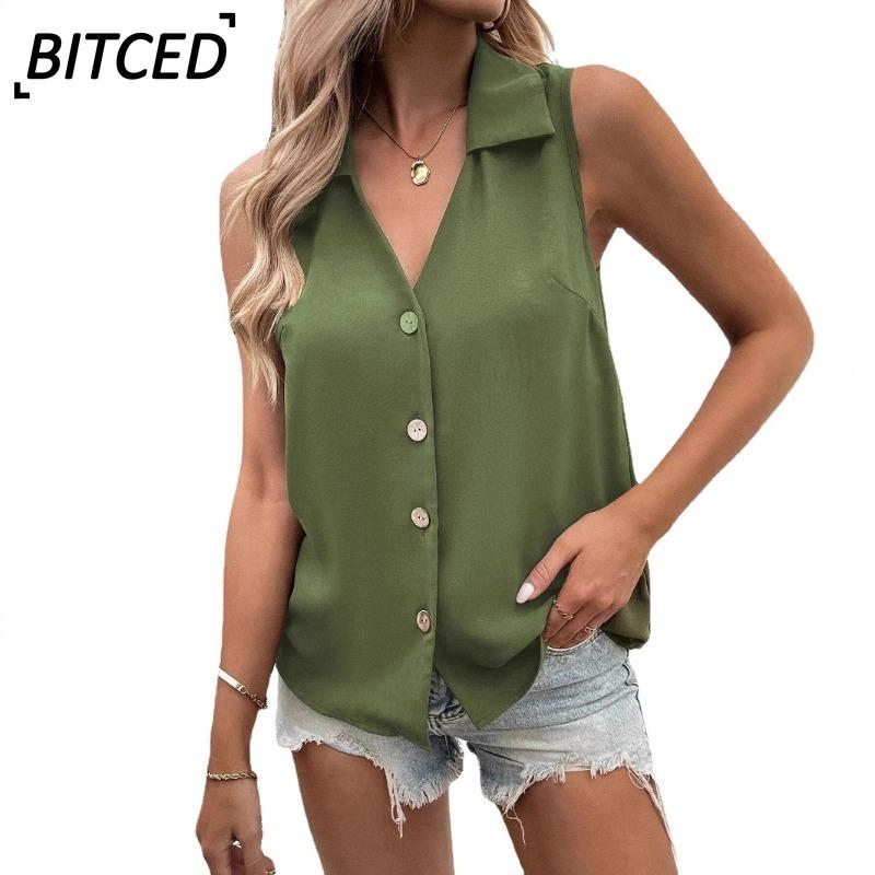 BITCED Damen Mode Lässig Einfarbiger Druck V-Ausschnitt Ärmellos Blusen & Hemden