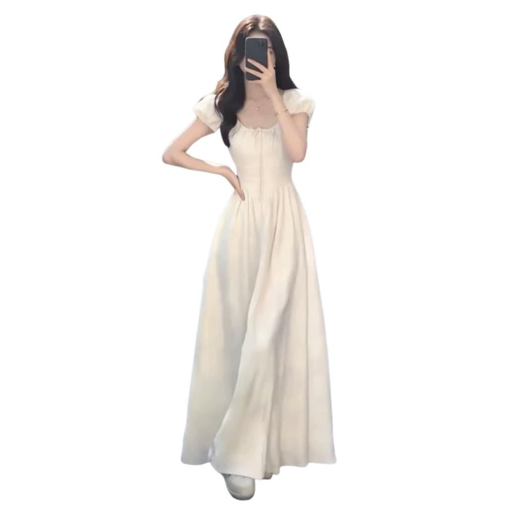 First Love white dress, French puff sleeve dress, women's summer new petite high-end long dress