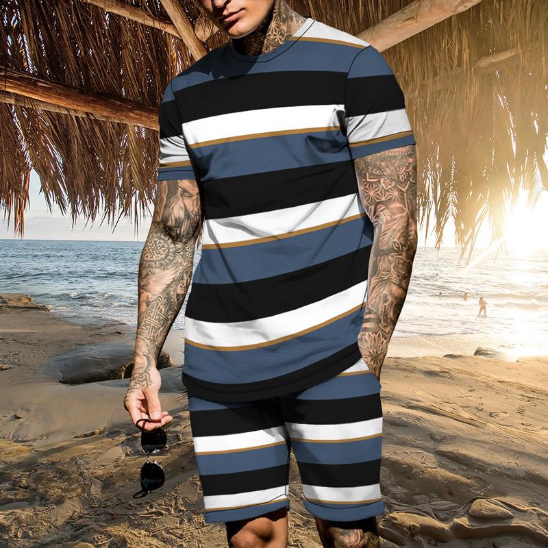 Vintage Casual Clothes Outfits For Men Print Striped Loose T Shirt Suit Oversized  O Neck Summer Tracksuit Streetwear Men's Set