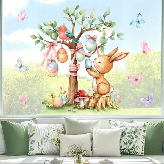 Easter Bunny Window Sticker Waterproof PVC Self-adhesive Home Office Living Room Colorful Egg Tree Rabbit Wall Art Decoration Decal