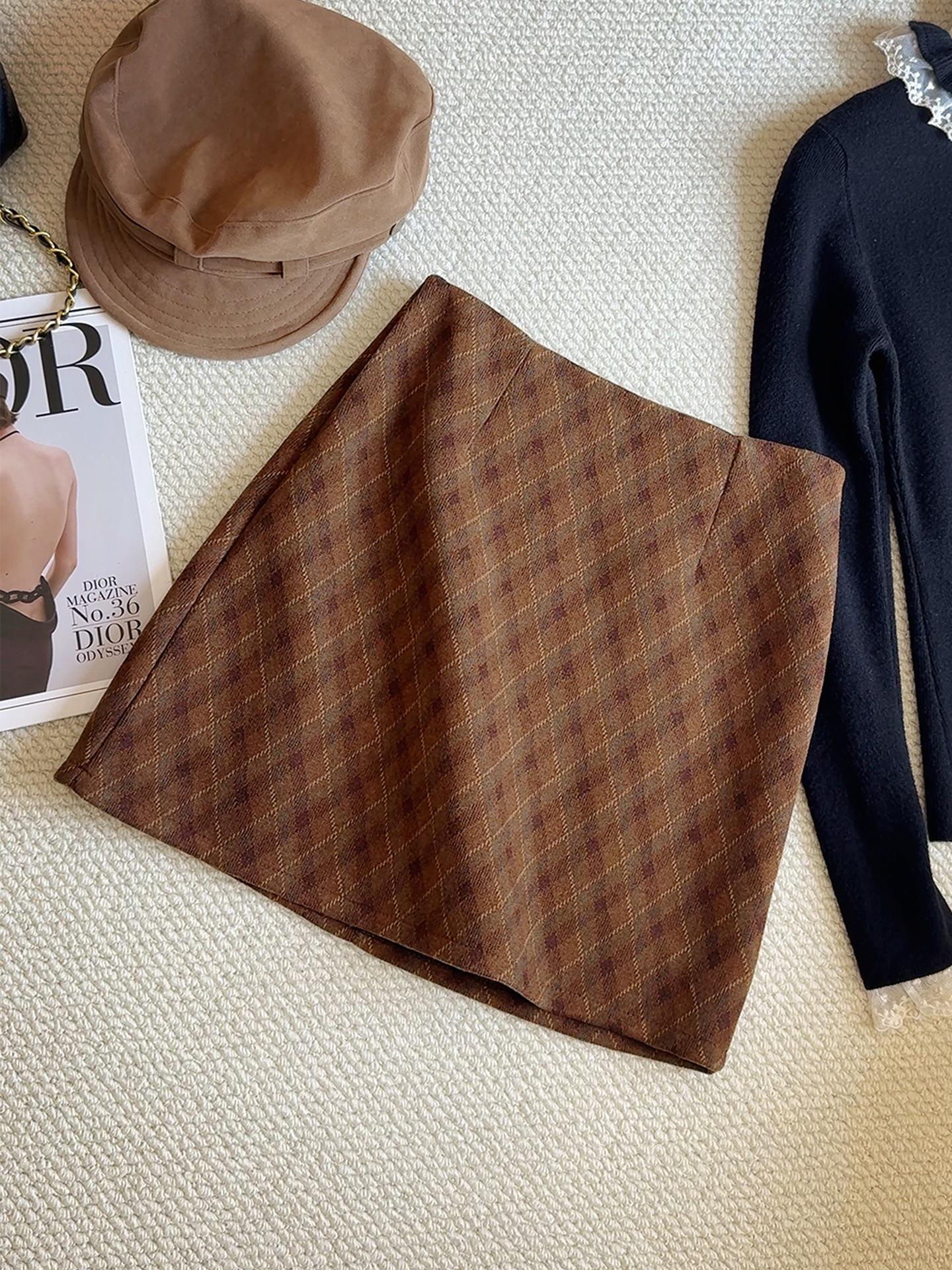 Women s 2025 Retro Plaid Woolen High-Waist A-Line Short Skirt - Anti-Exposure & Hip-Hugging M хаки