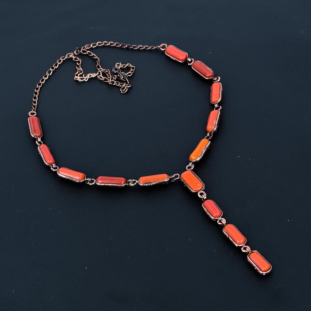 Red Coral Handmade Gemstone Necklace, Copper Electroformed Necklace Antique Jewelry, Adjustable Chain Necklace Engagement Gift