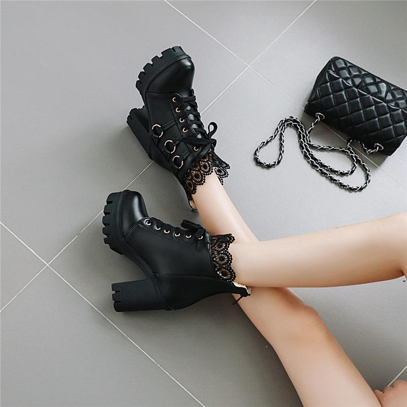 FOREADA Women Ankle Boots Round Toe Thick High Heels Metal Decoration Zipper Lace-up Platform Short Boots Ladies Fashion Shoes Black Autumn Winter