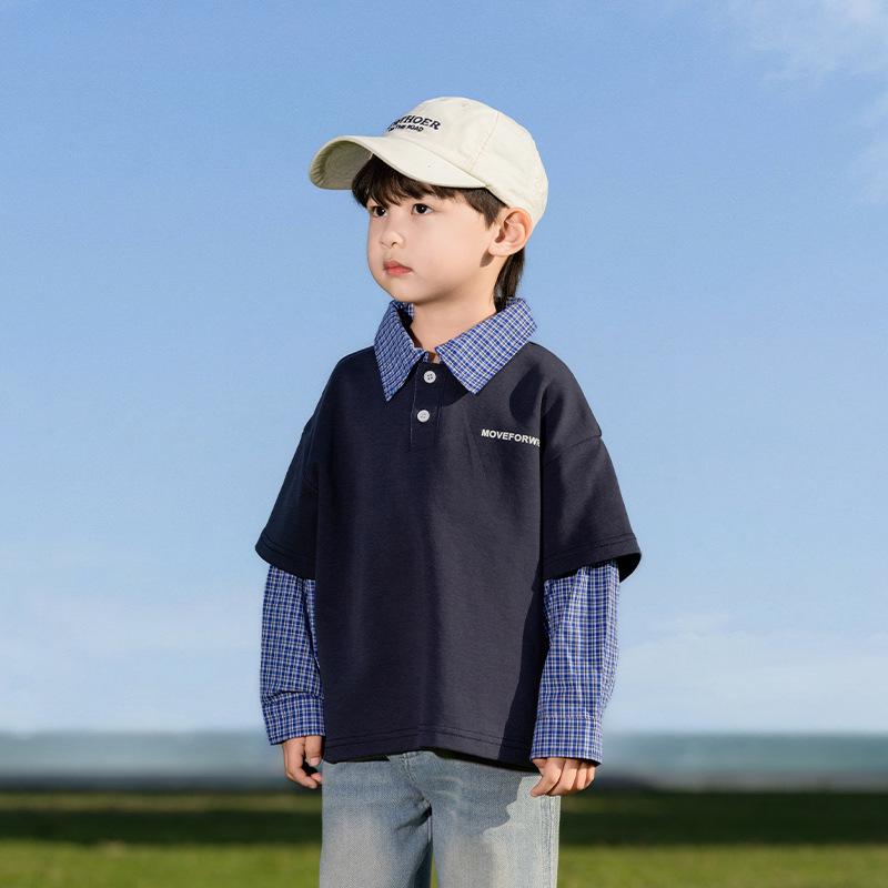 

Детская футболка в корейском стиле Nausicaa 2025 весна с имитацией многослойности и надписью, с воротником поло, для мальчиков и девочек 120 cm темно-синий