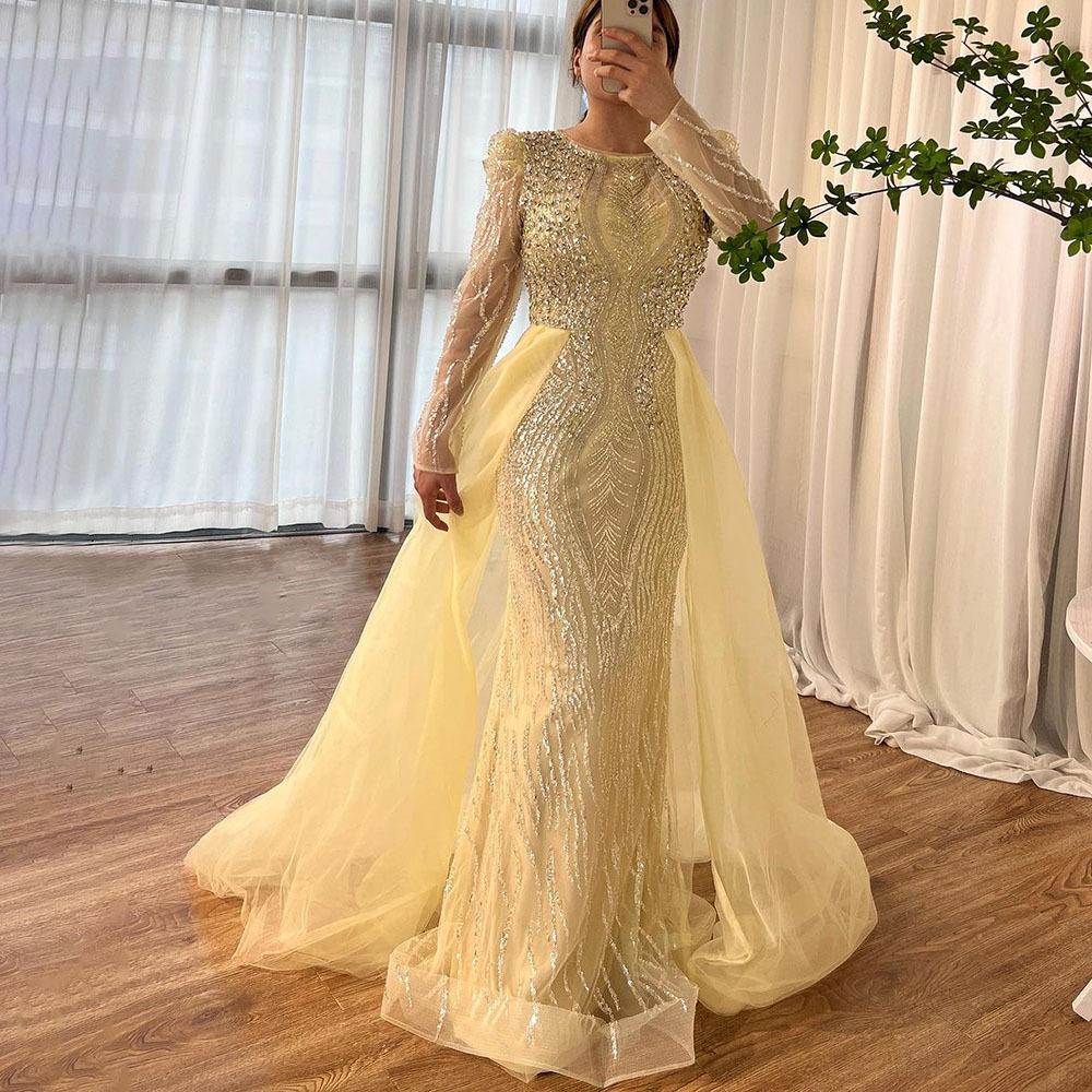 Blue high-end elegant long dress slim-fitting long-sleeved luxury bead hosting banquet performance dress LA11010