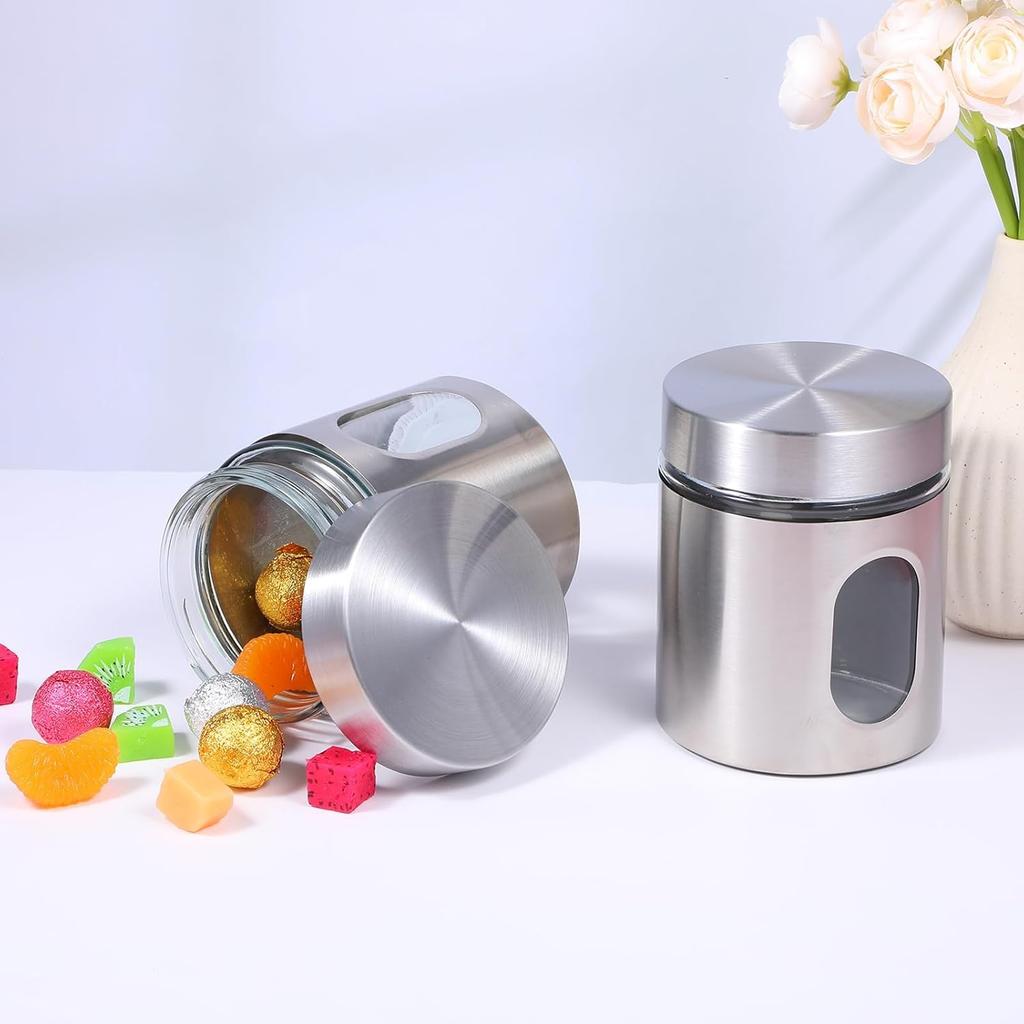 2-Piece 20 Oz Airtight Kitchen Canisters Stainless Steel Glass Food Storage Jars with Lids