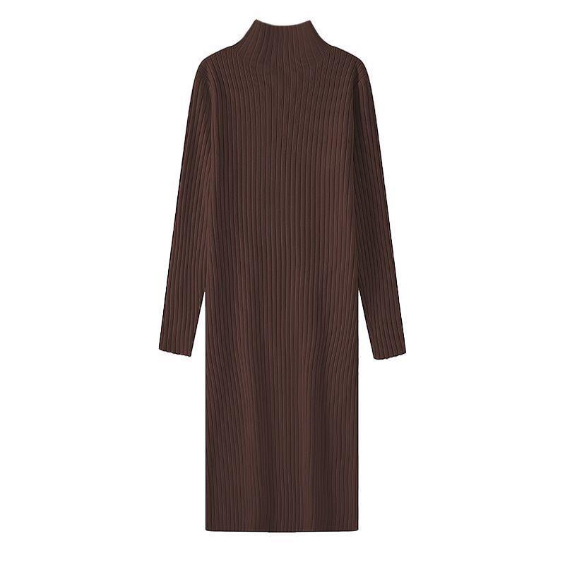 Women's Autumn & Winter Wool Knit Dress - Half-High Collar, Loose Long Sleeve, Mid-Length Base Layer Over the Knee.