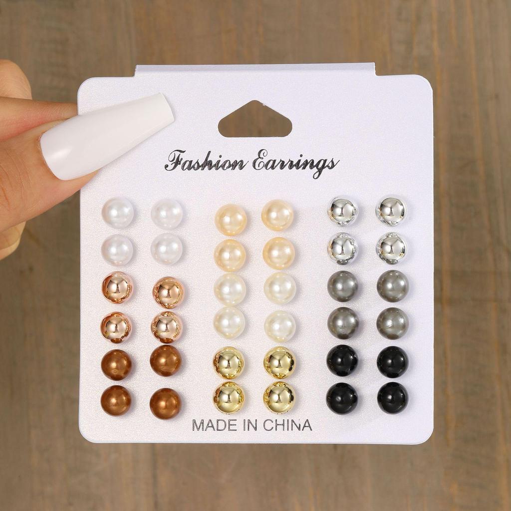 15-Piece Women's High-End Colorful Pearl Stud Earrings Set