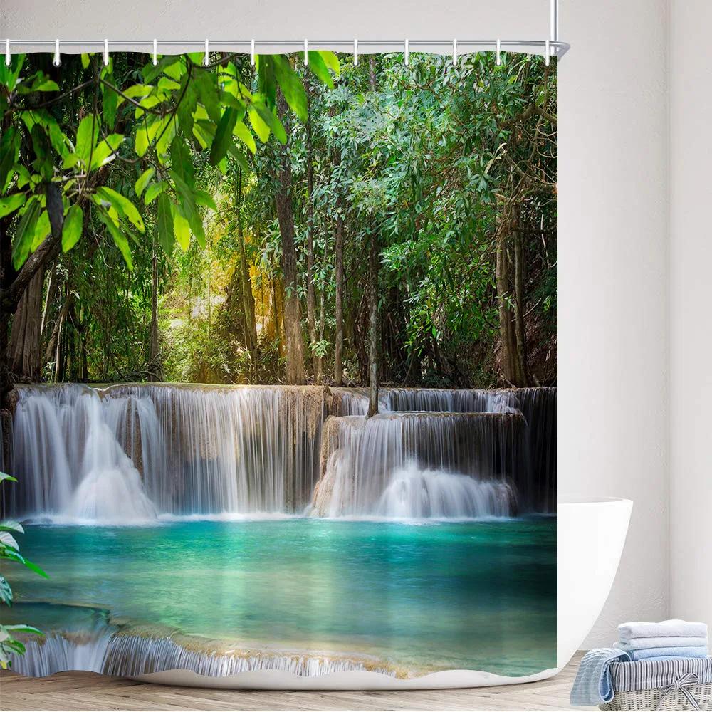 Scenic Forest Waterfall Shower Curtain Tropical Jungle Plants Trees Lake Nature Landscape Wall Hanging Bathroom Decor Curtains