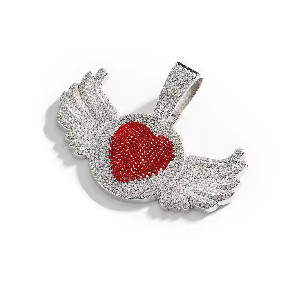 Hip Hop Rap Trendy Creative Pink Diamond Love Angel Wing Pendant Necklace Pink Diamond Love Men's Necklace