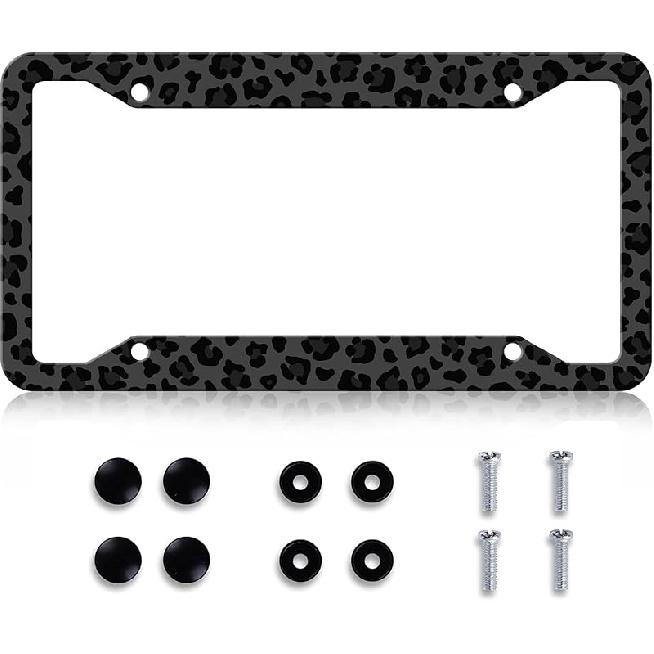 Black Leopard Print License Plate Frame - Leopard Personalise License Plate Holder, Rust-Proof Stainless Steel Waterproof Car Decorative Tag Frames