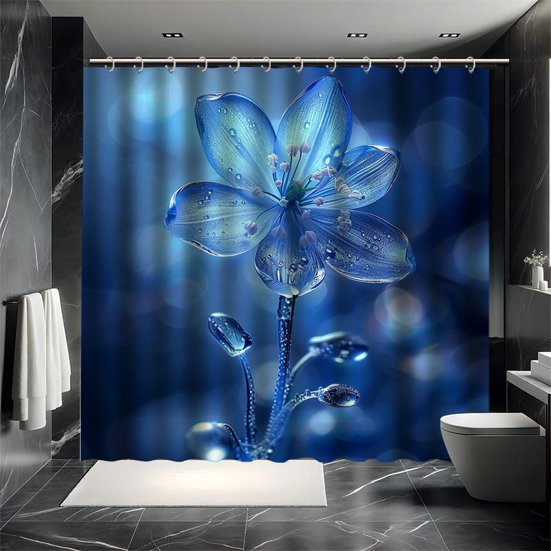 Blue Floral Shower Curtain Set - Crystal Clear, Fantasy & Beautiful Series, Waterproof Polyester, Modern Bathroom Decor
