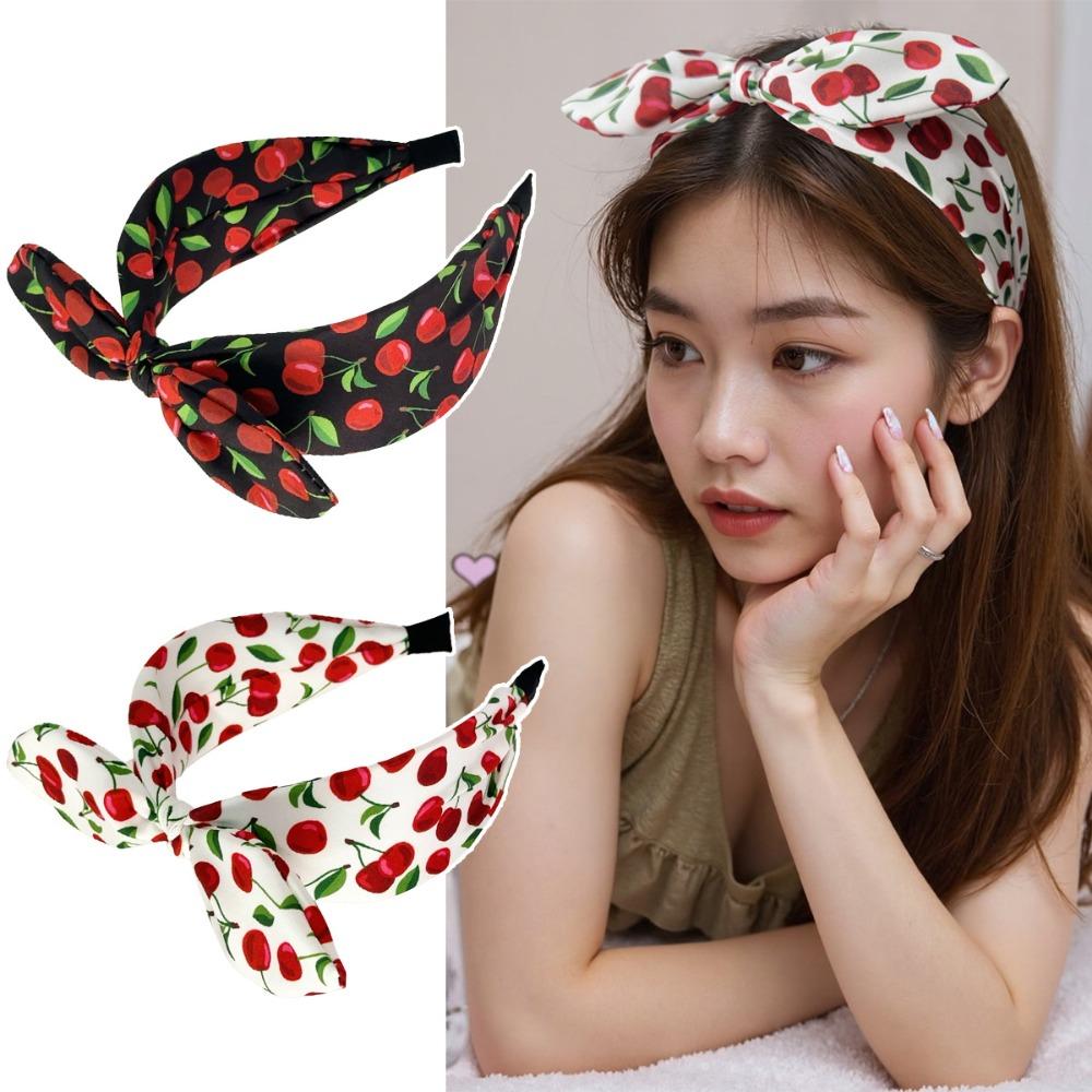 1/2pcs Elegant Sweet Multicolor Cherry Printed Wide Edge Tied Rabbit Ear Hairbands Hair Styling Tools for Volume Part Management
