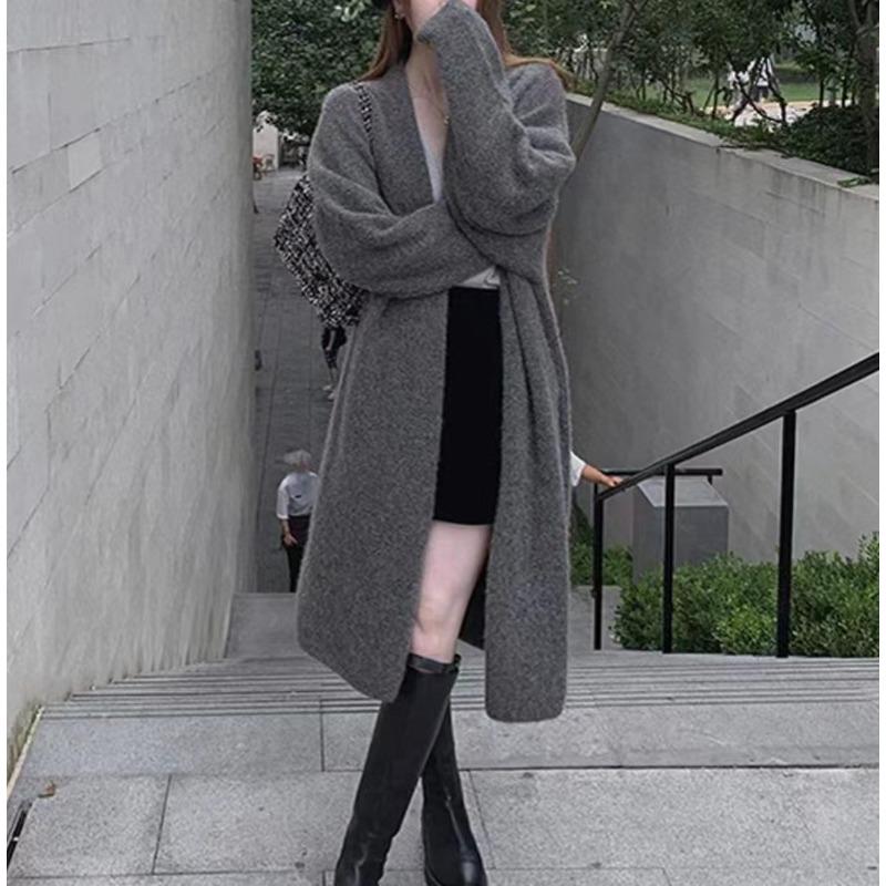 Lässiger Wind mittellanger und knielanger Strick-Cardigan-Pulloverjacke Damen locker Herbst und Winter Retro Strick-Cardigan-Mantel Damen