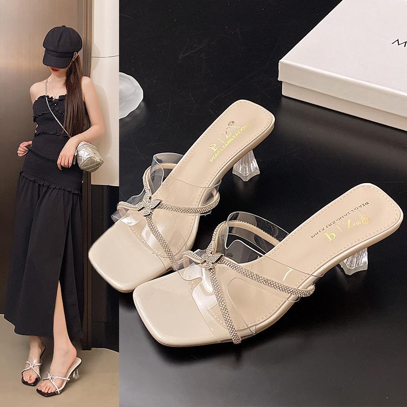 Fairy open-toed slippers female wearing rhinestone transparent semi-mop 2025 summer new fashionable versatile high-heeled cool slippers