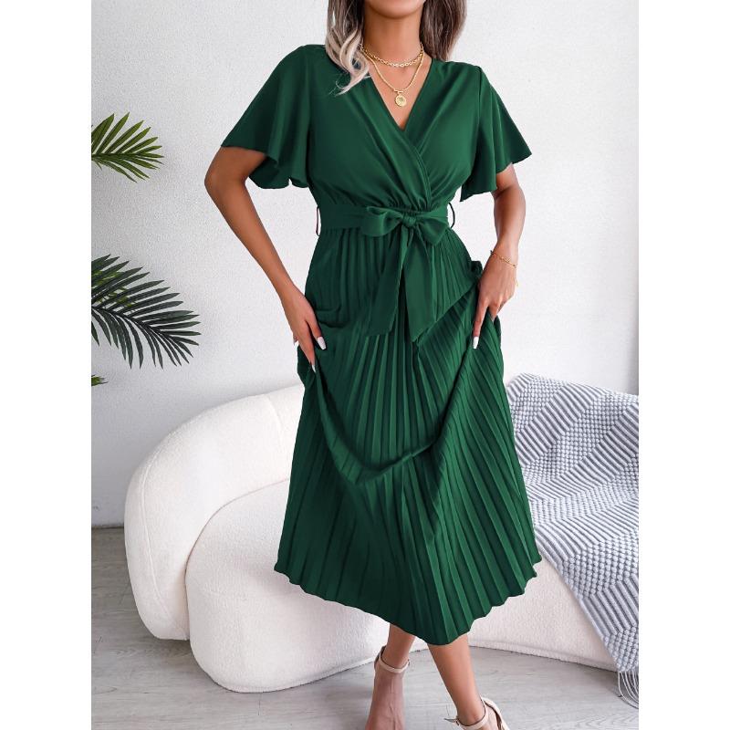 Mode V-Ausschnitt Damen Sommerkleid Kurzarm Lässig Schlicht Einfarbig Plissiert Schnürung Party A-Linien-Kleider Damen Elegante Kleidung