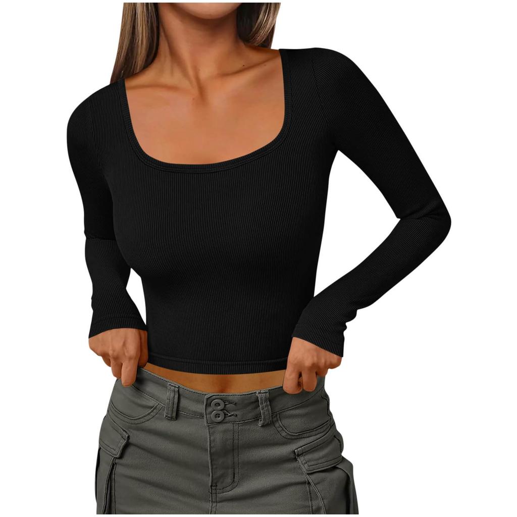 Women's Fashionable Color Thread Slim Fit U-neck Long Sleeved Shirt With Sexy Short Fitting Inside