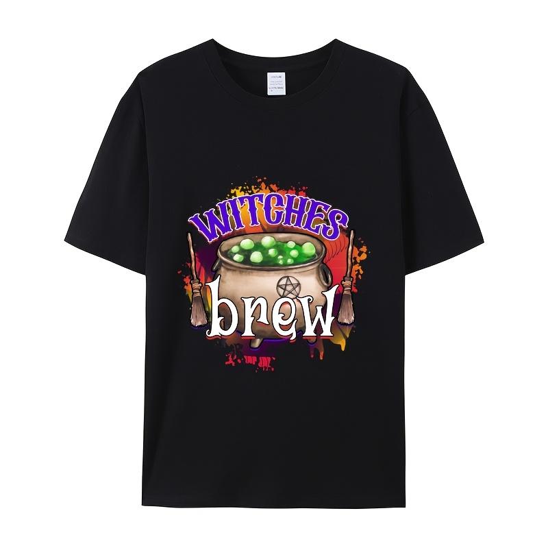 Witches Brew Cauldron with BroomsPrint T-Shirt Summer Casual Streetwear Men Women Unisex Fashion Tshirt Top