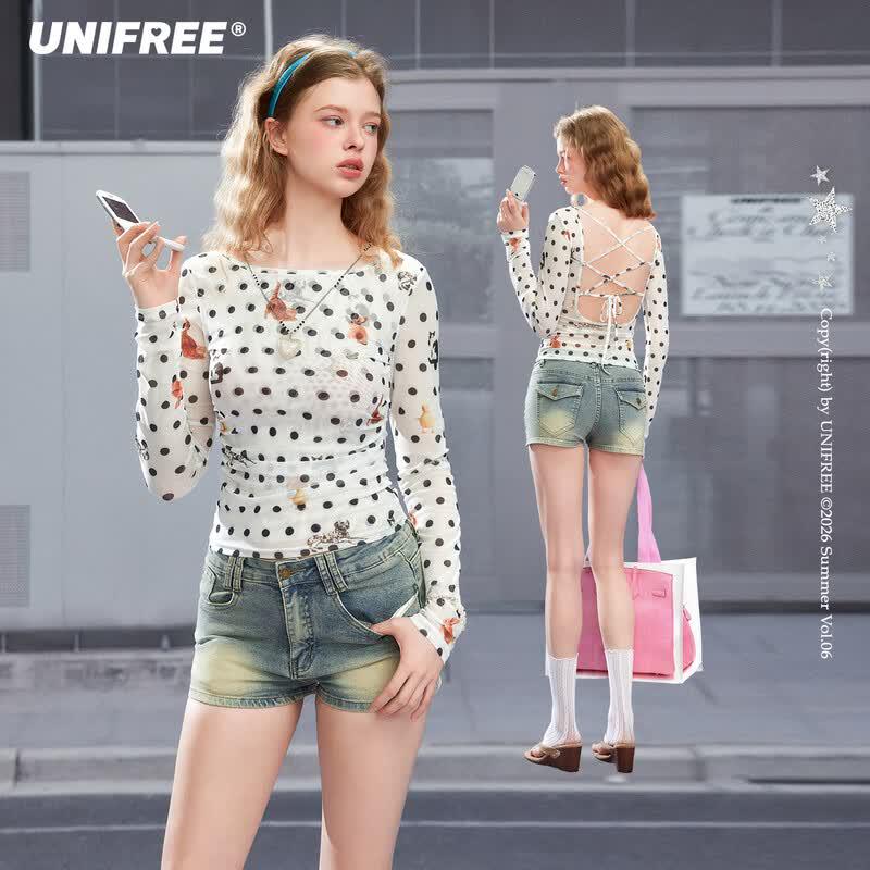 UNIFREE French Style Polka Dot Backless T-Shirt One Size