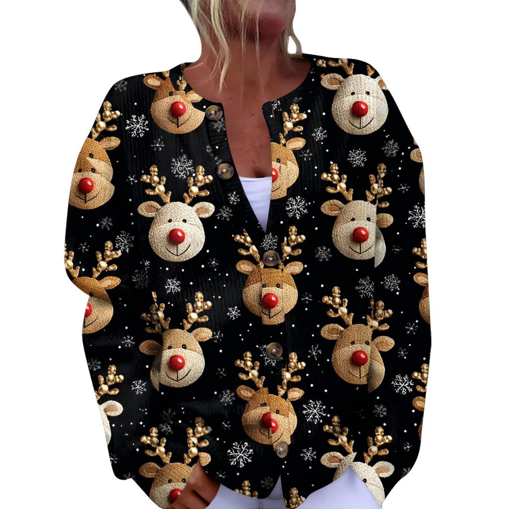Women's Fashion Christmas Printed Long Sleeve Knitted Cardigan Button Down Jacket