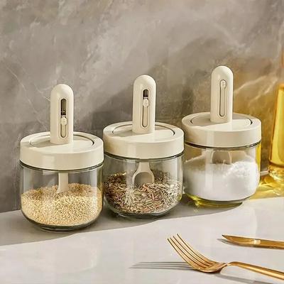 2025 New 1pc Glass Seasoning Bottle With Telescopic Spoon Household Kitchen Salt Storage Box Leak Proof and Moisture-proof