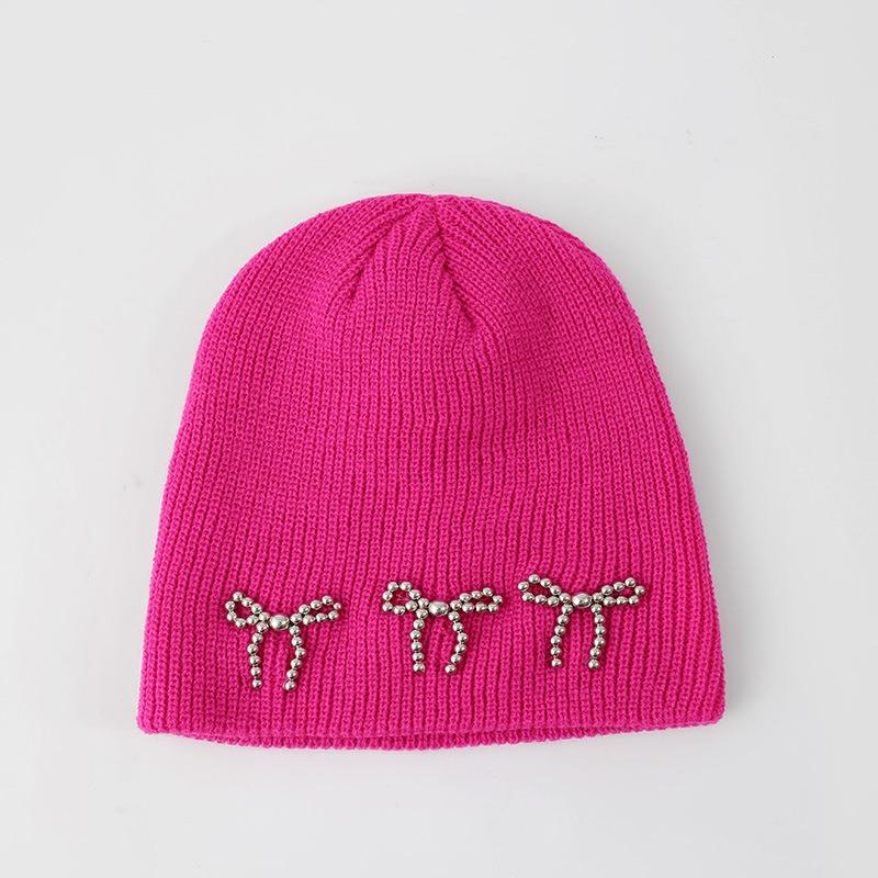 Blogger Pearl Bow Knitted Hat Women's Winter Solid Color Cold-proof and Warm Double-layer Ear Protector Wool Hat