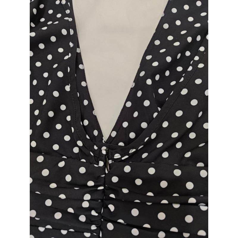 Vestito Mini Casual da Donna alla Moda a Pois con Intagli e Maniche a Sbuffa a Manica Corta con Collo Alto