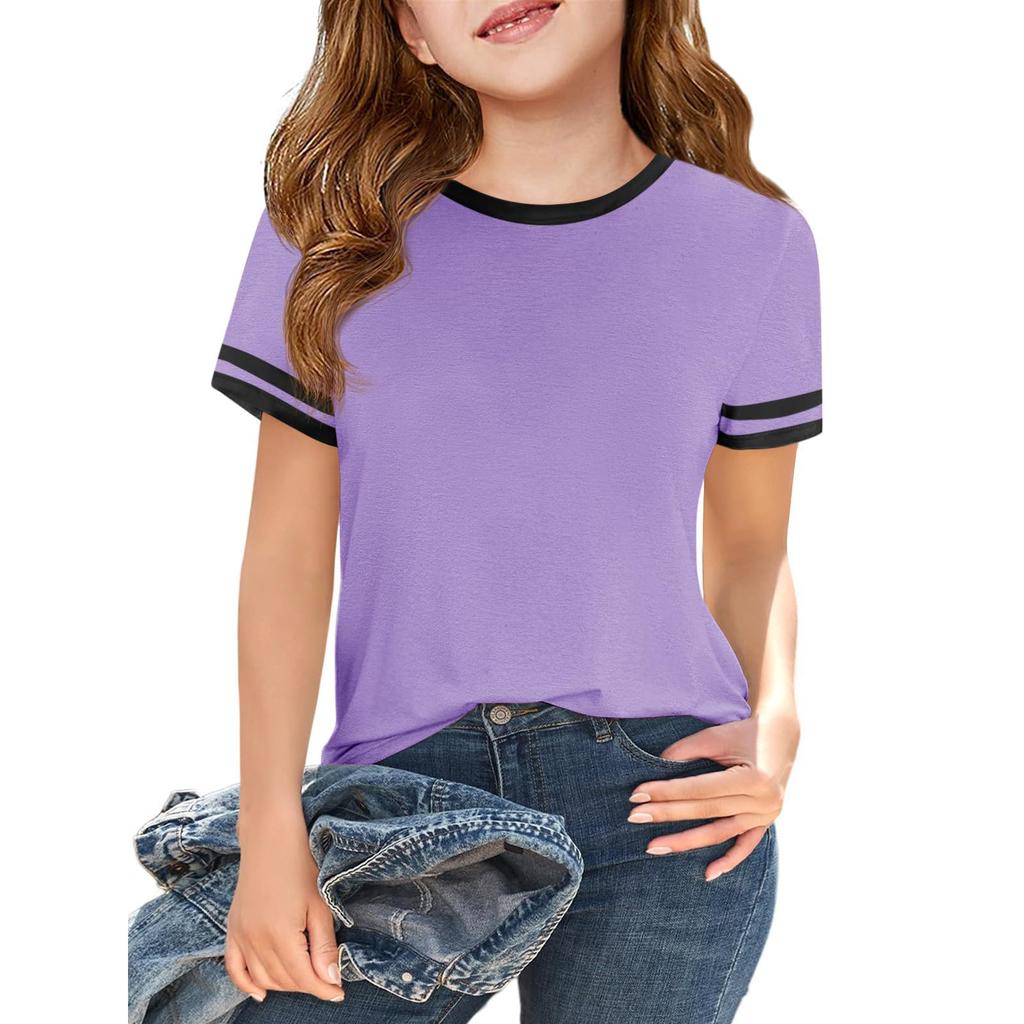 Girls Fashion Short Sleeve Round Neck Color Blocking Casual T-Shirt Top