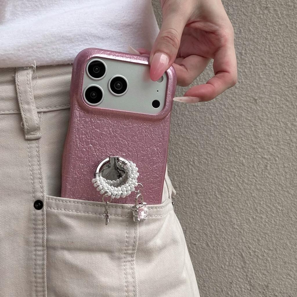 Fashion Glitter shell texture Pearl ring kickstand Phone Case For iPhone 17 Pro Max 16 Plus 15 14 13 12 Comfortable Grip Cover
