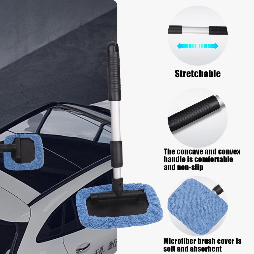 Glass Cleaner Wiper, Windshield Cleaning Tool, Microfiber Window Cleaner With Extendable Handle, Auto Glass Wiper Kit (Blue Square)