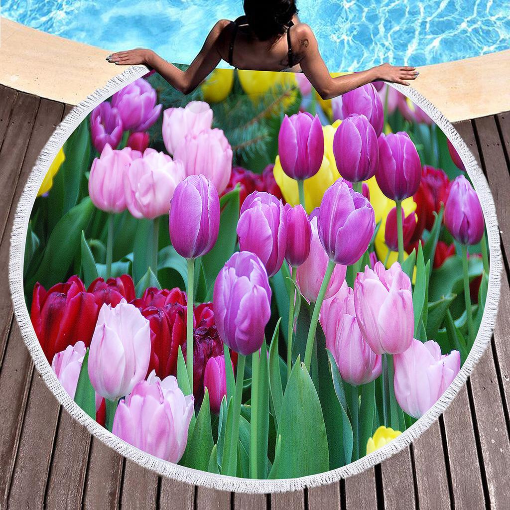 Round Beach Towel Flower Tulip Microfiber Beach Towels Quick Dry Super Absorbent Pool Towels Sand Free Beach Blanket for Pool