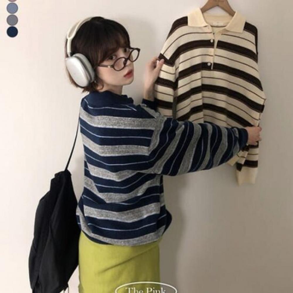 The Pink Men Rony Loose Fit Stripe Button Collar Wool Knit