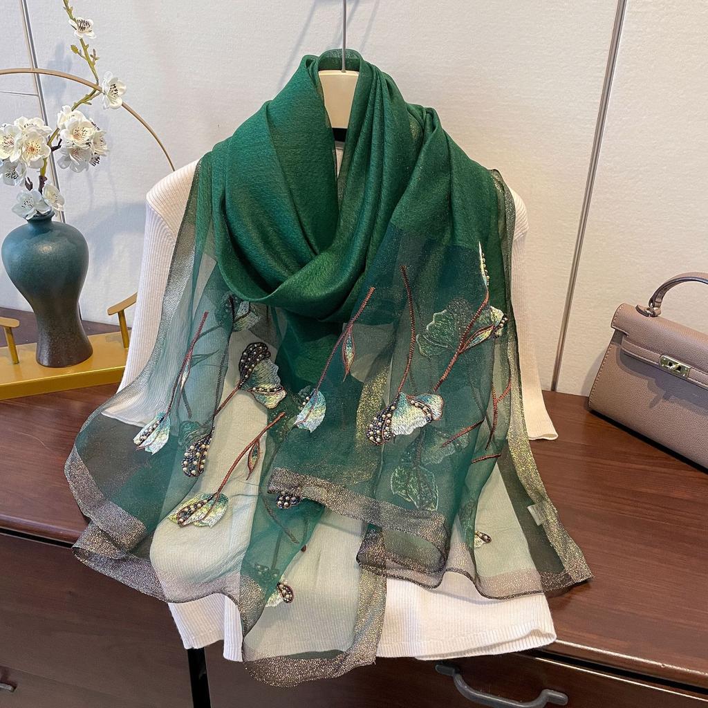 Neuer dünner Schal für Frühling und Sommer, Seidenmischung, Herbst und Winter, für Damen, modischer Perlen-Stickschal mit hochwertigem Schal