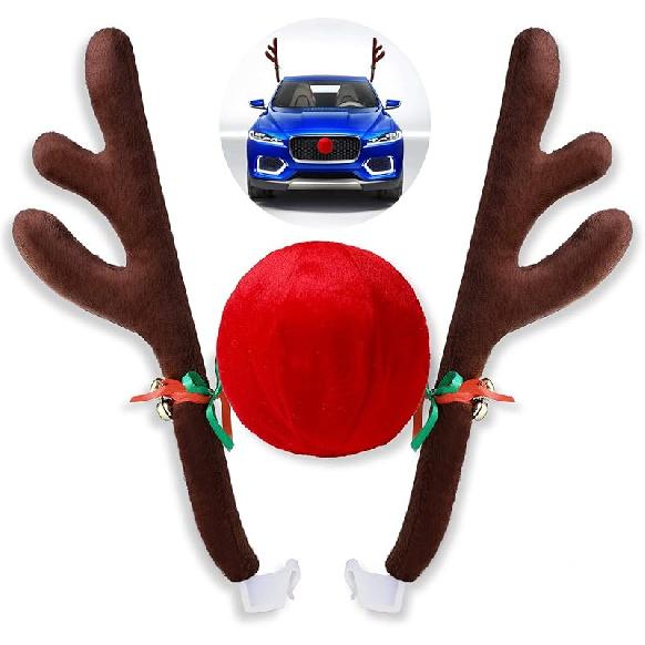 Christmas Car Decorations - Reindeer Antler Kit With Jingle Bells And Red Nose - Vehicle Accessories For Xmas Antlers