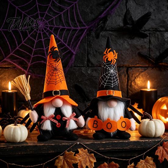 Binnen vensterbank decoraties Halloween Kabouter Decoratie, Spookachtige Oranje Zwart Spinnenweb Boo Zweedse Tomte Heks Bezem Accentjes Elf Beeldje,