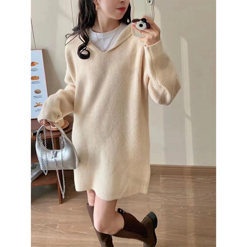 Fashion casual hooded medium and long knitted sweater top women's autumn and winter new loose lazy pullover sweater