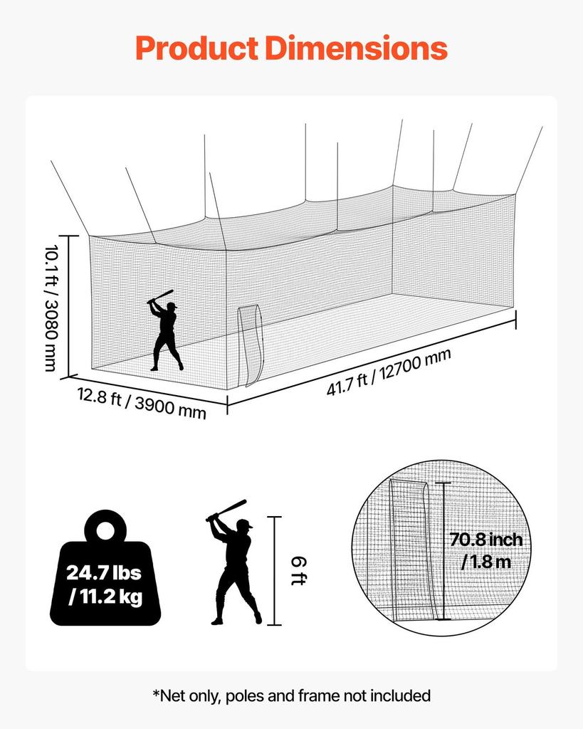 Baseball Batting Cage, 12700 X 3900 X 3080mm Freestanding Portable Batting Cage, Hitting Cages with 30-Ply Knotted HDPE & Carabiner Hooks, Battings